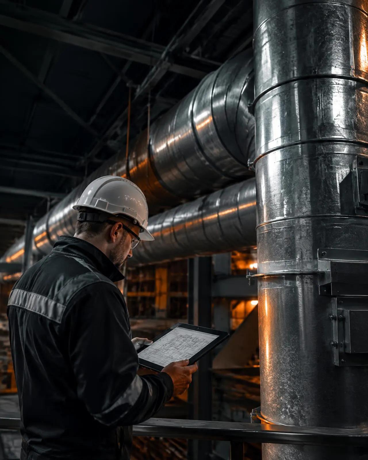 Engenheiro analisando projeto ao lado de dutos de ventilação industrial